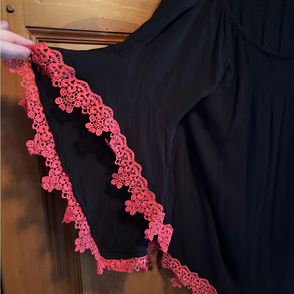 Hayden Black Blouse with Pink Lace Trim